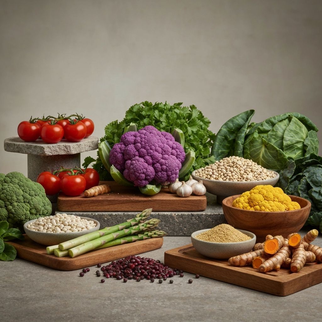 Diverse colorful plant-based foods representing nutritional variety