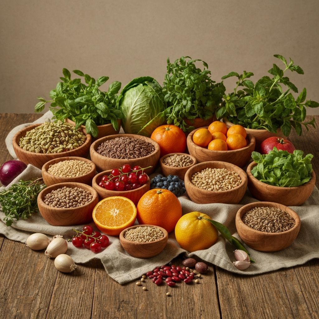 Diverse collection of natural plant-based foods and botanicals